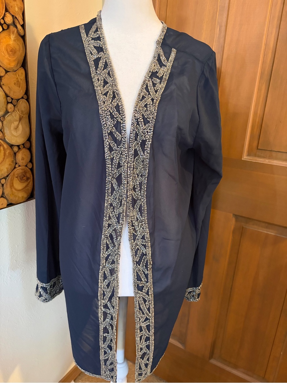 Embellished Sheer Navy Beaded Open-Front Jacket